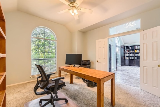 103 Savin Rise Ct, Pflugerville, TX 78660 - office space featuring light colored carpet, vaulted ceiling, and a ceiling fan