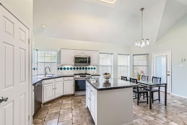 kitchen featuring appliances with stainless steel finishes, tasteful backsplash, a kitchen island, white cabinets, and a sink