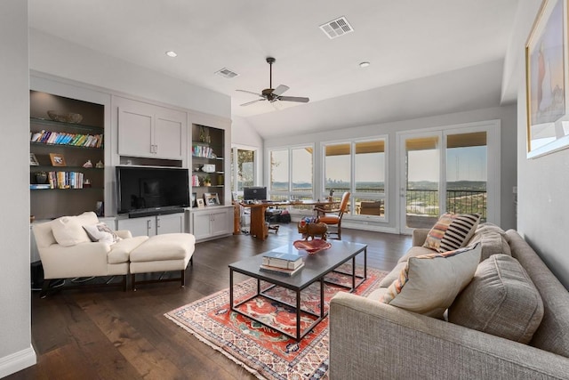 6605 W Courtyard Dr, Austin, TX 78730 - living area featuring plenty of natural light, ceiling fan, dark wood-style flooring, lofted ceiling, and recessed lighting