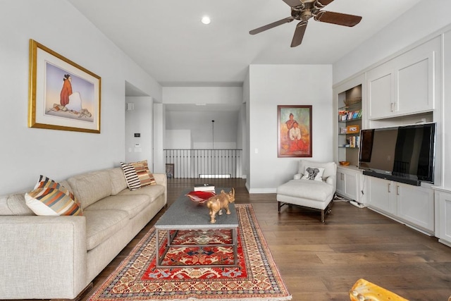 6605 W Courtyard Dr, Austin, TX 78730 - living room featuring ceiling fan, dark wood-type flooring, and recessed lighting