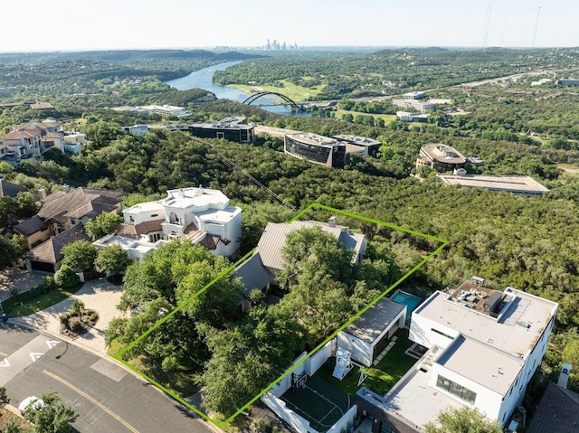 6605 W Courtyard Dr, Austin, TX 78730 - aerial view of property and surrounding area with a nearby body of water and property parcel outlined