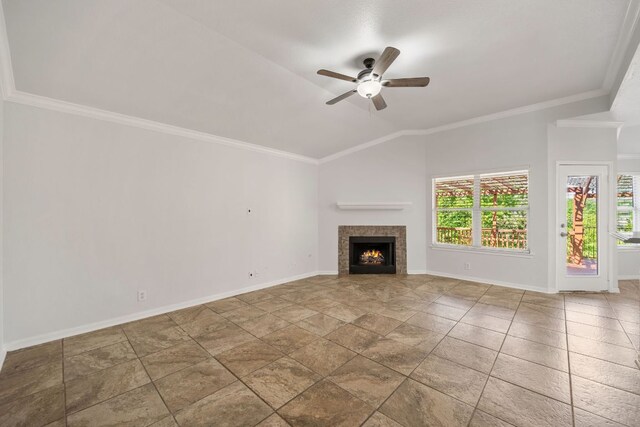 118 Cassandra Dr, Hutto, TX 78634 - unfurnished living room with ornamental molding, a ceiling fan, a fireplace, baseboards, and lofted ceiling