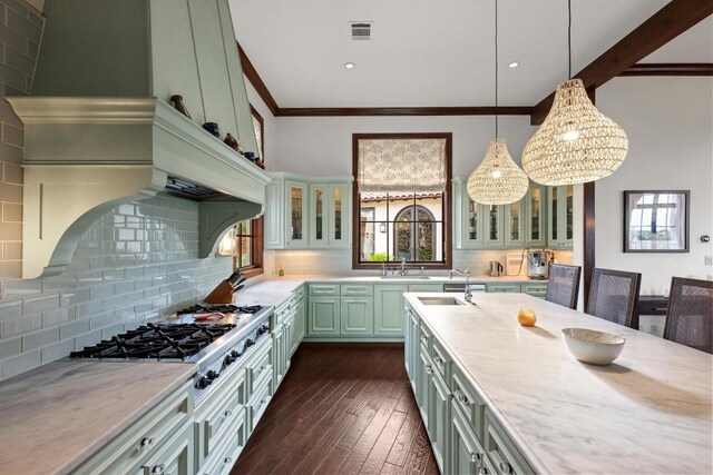 12724 Little Blue Stem Cv, Austin, TX 78738 - kitchen with crown molding, stainless steel gas stovetop, a sink, dark wood-style flooring, and backsplash