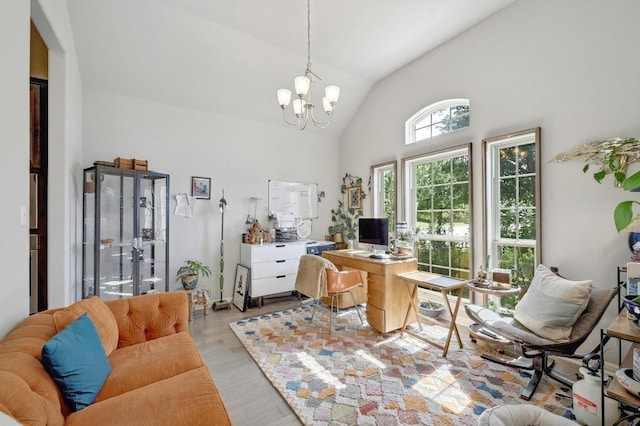 110 N Sage Holw, Dripping Springs, TX 78620 - office with a chandelier, light wood finished floors, and high vaulted ceiling