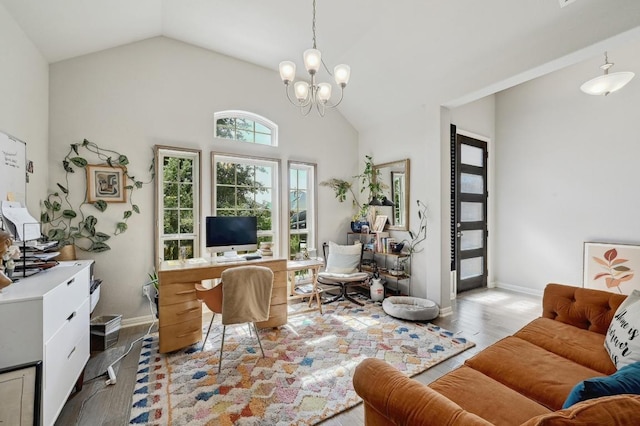 110 N Sage Holw, Dripping Springs, TX 78620 - home office featuring vaulted ceiling, wood finished floors, a chandelier, and baseboards