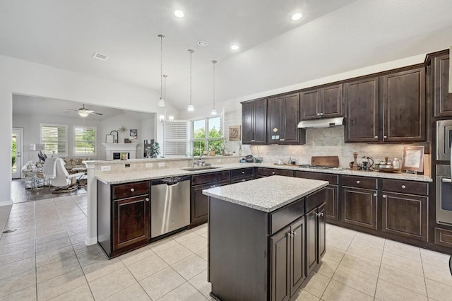 110 N Sage Holw, Dripping Springs, TX 78620 - kitchen with stainless steel appliances, vaulted ceiling, a peninsula, open floor plan, and ceiling fan