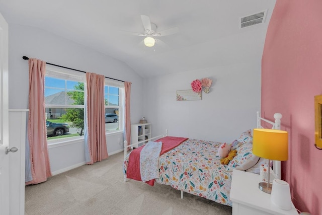 200 Waterway Ave, Hutto, TX 78634 - bedroom with lofted ceiling, carpet floors, and a ceiling fan