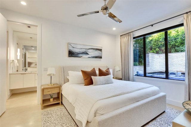 2901 S 5th St, Austin, TX 78704 - bedroom with recessed lighting, ceiling fan, baseboards, and finished concrete floors