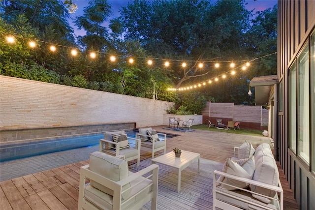 2901 S 5th St, Austin, TX 78704 - wooden terrace featuring an outdoor living space, a fenced backyard, and outdoor dining area
