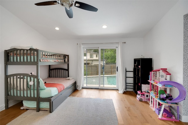 2502 Side Cv, Austin, TX 78704 - bedroom featuring access to exterior, wood finished floors, ceiling fan, and recessed lighting
