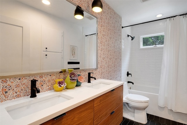 2502 Side Cv, Austin, TX 78704 - bathroom featuring shower / tub combo with curtain, double vanity, toilet, tile patterned flooring, and tasteful backsplash