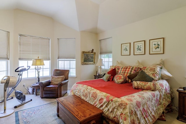 carpeted bedroom featuring lofted ceiling