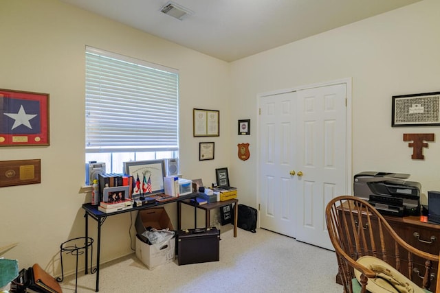view of carpeted home office