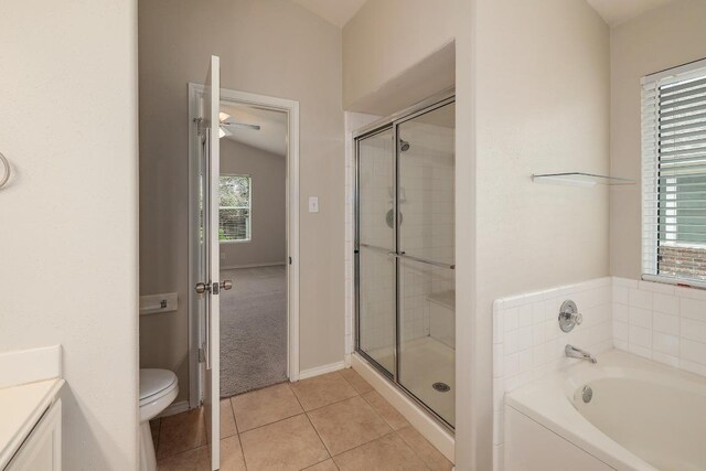 16710 Shipshaw River Dr, Leander, TX 78641 - bathroom with a garden tub, a stall shower, tile patterned floors, and toilet
