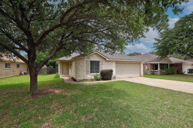 16710 Shipshaw River Dr, Leander, TX 78641 - ranch-style house featuring an attached garage, concrete driveway, and stone siding