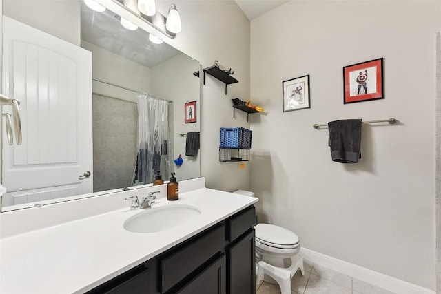 125 Redtail Ln, Leander, TX 78641 - bathroom with toilet, vanity, tile patterned flooring, a shower with curtain, and baseboards