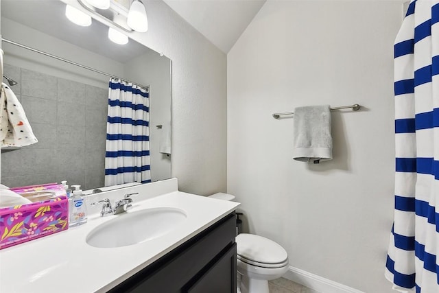 125 Redtail Ln, Leander, TX 78641 - bathroom with vanity, toilet, a shower with shower curtain, tile patterned flooring, and vaulted ceiling