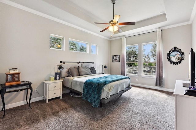 125 Redtail Ln, Leander, TX 78641 - bedroom featuring multiple windows, dark colored carpet, baseboards, and crown molding