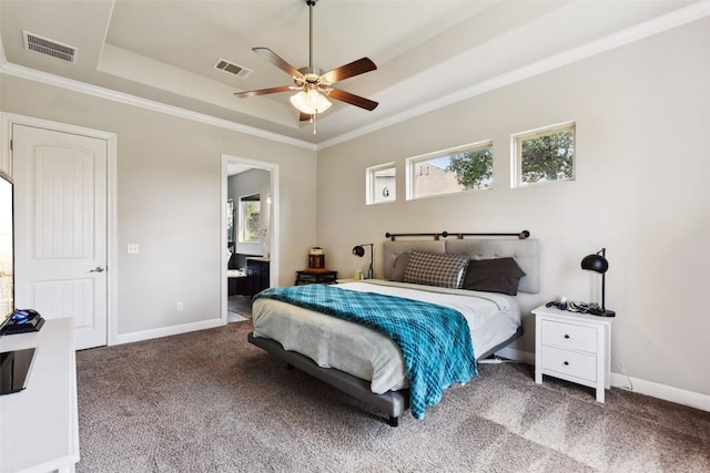 125 Redtail Ln, Leander, TX 78641 - bedroom with multiple windows, a tray ceiling, carpet flooring, baseboards, and ornamental molding