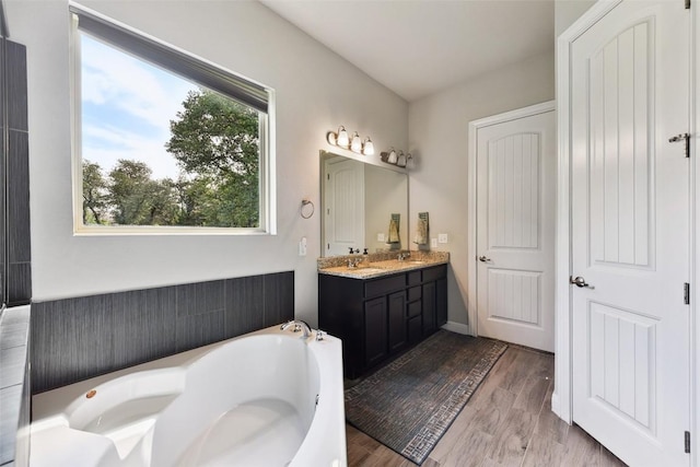 125 Redtail Ln, Leander, TX 78641 - bathroom featuring double vanity, a bath, and wood finished floors