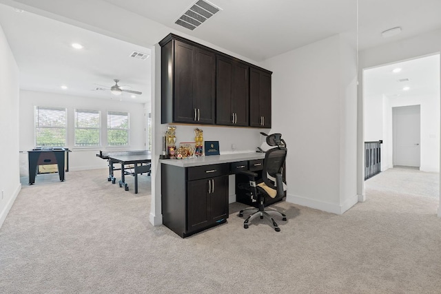 1616 Illawarra Way, Leander, TX 78641 - office area featuring light colored carpet, baseboards, a ceiling fan, and recessed lighting