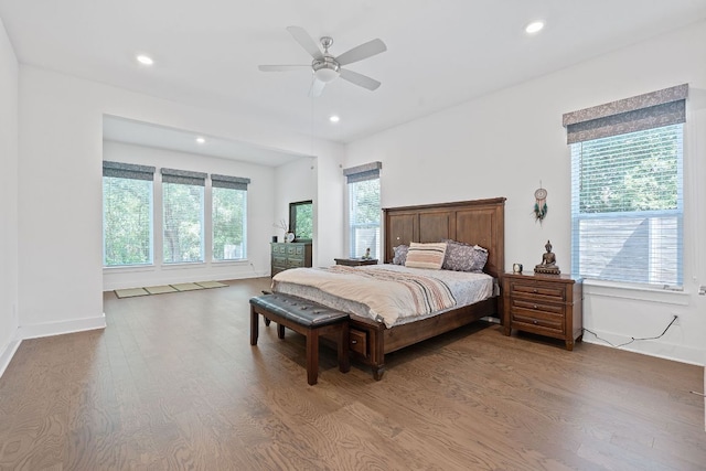 1616 Illawarra Way, Leander, TX 78641 - bedroom with wood finished floors, recessed lighting, baseboards, and a ceiling fan