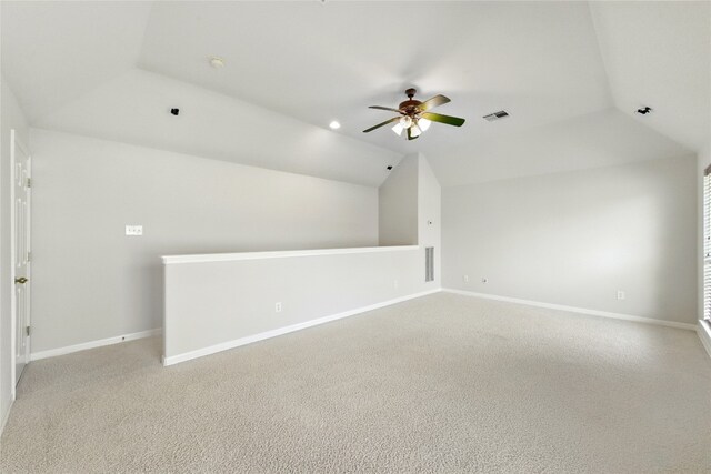 1607 Mesa Verde Dr, Round Rock, TX 78681 - additional living space featuring a ceiling fan, lofted ceiling, light carpet, and baseboards