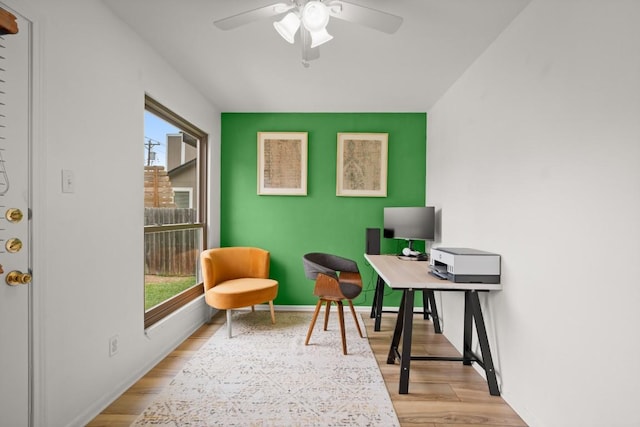 3312 Monument Dr, Round Rock, TX 78681 - home office featuring plenty of natural light, ceiling fan, light wood-style floors, and baseboards