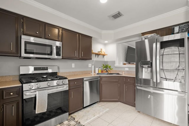 3312 Monument Dr, Round Rock, TX 78681 - kitchen with stainless steel appliances, ornamental molding, open shelves, light countertops, and dark brown cabinetry