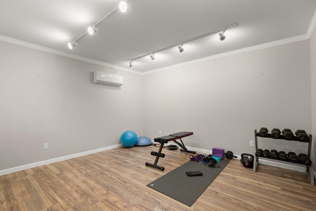 3312 Monument Dr, Round Rock, TX 78681 - workout area with rail lighting, ornamental molding, wood finished floors, a wall mounted air conditioner, and baseboards
