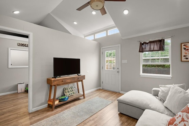 3312 Monument Dr, Round Rock, TX 78681 - living area with a ceiling fan, wood finished floors, baseboards, vaulted ceiling, and recessed lighting