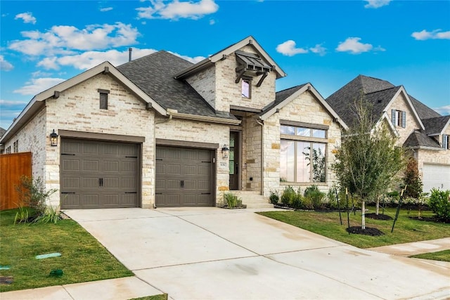 639 Bay Breeze Dr, Kyle, TX 78640 - french country home with stone siding, an attached garage, driveway, and roof with shingles