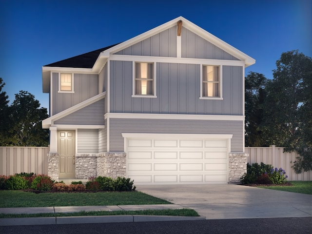 828 Sun Grove Trl, Georgetown, TX 78628 - view of front of house featuring stone siding, fence, board and batten siding, a garage, and driveway
