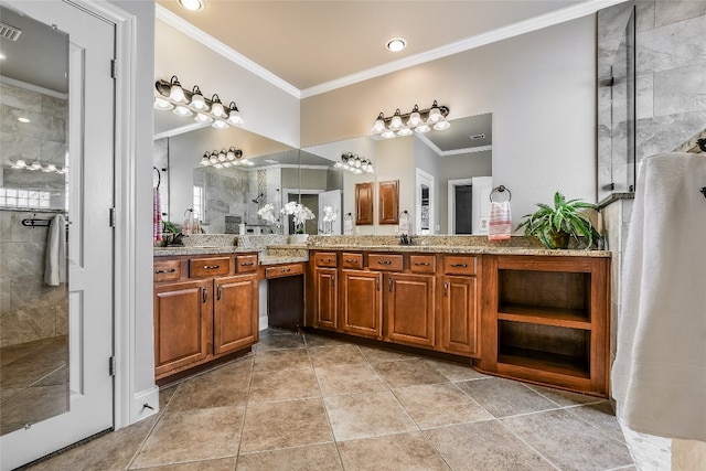 710 Breezeway Ln, Georgetown, TX 78633 - full bathroom featuring crown molding, tiled shower, two vanities, and tile patterned flooring
