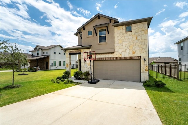 view of front facade with stone siding, a garage, concrete driveway, and stucco siding