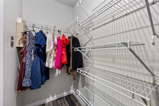walk in closet with wood finished floors