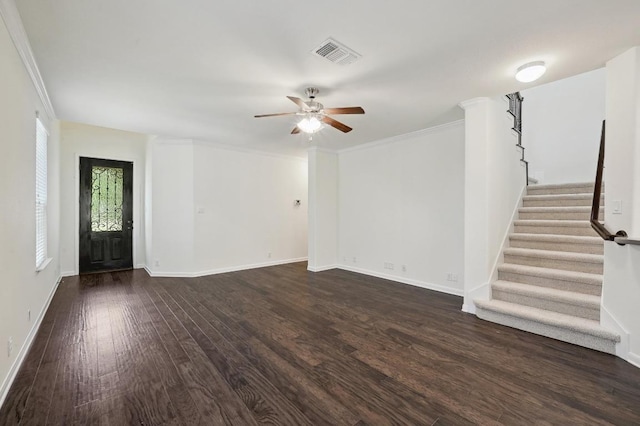503 S Meadowlark St Unit B, Lakeway, TX 78734 - unfurnished living room with dark wood finished floors, ceiling fan, stairs, baseboards, and ornamental molding