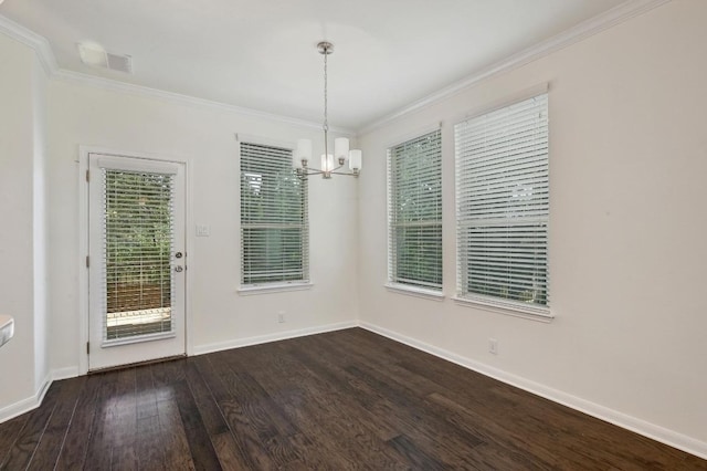 503 S Meadowlark St Unit B, Lakeway, TX 78734 - unfurnished dining area with a chandelier, crown molding, dark wood-style flooring, and baseboards