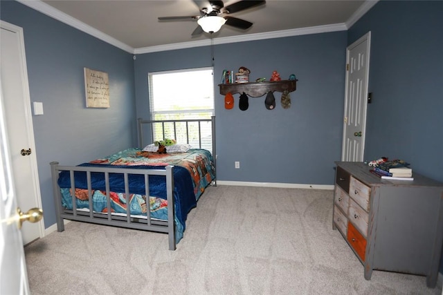 1401 Brixey Cv, Austin, TX 78754 - bedroom with light carpet, ornamental molding, and a ceiling fan