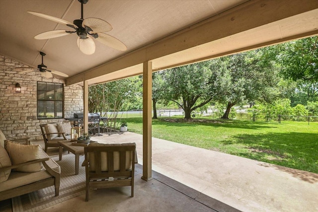 3301 Arrowhead Cir, Round Rock, TX 78681 - view of patio / terrace featuring a ceiling fan, outdoor dining space, an outdoor living space, and area for grilling