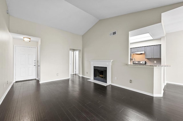 6000 Shepherd Mountain Cv Unit 107, Austin, TX 78730 - unfurnished living room featuring a fireplace with flush hearth, dark wood finished floors, baseboards, and high vaulted ceiling