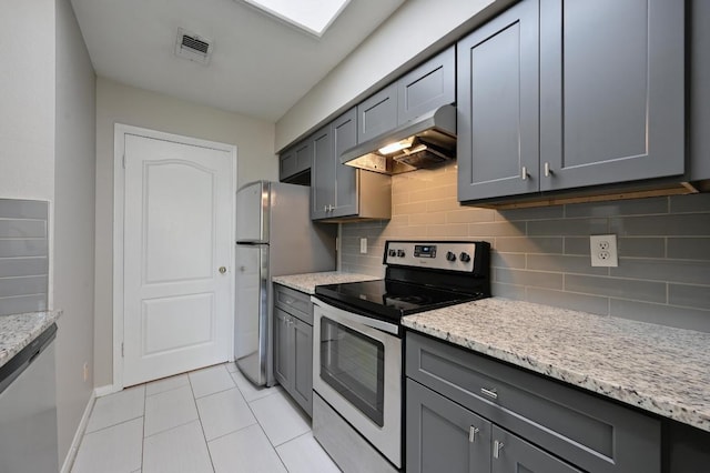 6000 Shepherd Mountain Cv Unit 107, Austin, TX 78730 - kitchen with stainless steel range with electric stovetop, under cabinet range hood, gray cabinets, and tasteful backsplash