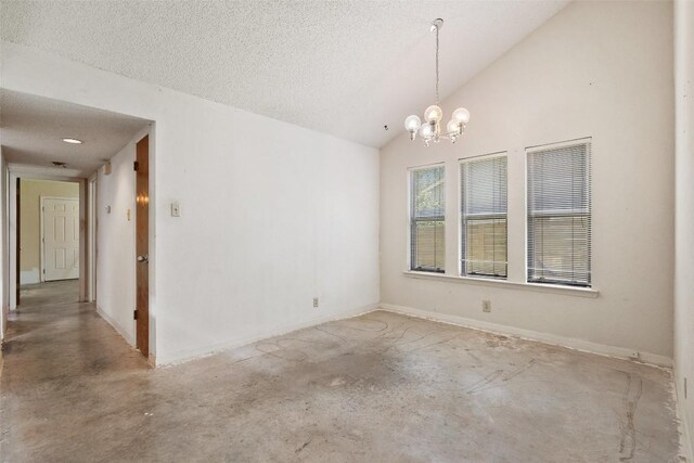 3317 William Cannon Dr Unit A, Austin, TX 78745 - unfurnished room featuring a chandelier, concrete floors, a textured ceiling, lofted ceiling, and baseboards