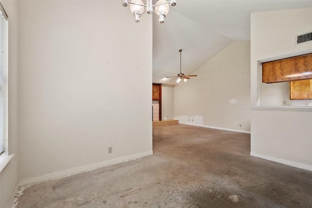 unfurnished living room with concrete floors, baseboards, ceiling fan, a chandelier, and high vaulted ceiling
