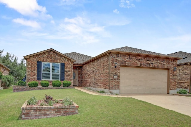 122 Coffee Mill Creek Rd, Georgetown, TX 78633 - view of front of house featuring concrete driveway, an attached garage, brick siding, a front yard, and roof with shingles