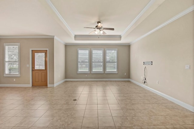 122 Coffee Mill Creek Rd, Georgetown, TX 78633 - entryway with ceiling fan, plenty of natural light, light tile patterned floors, a raised ceiling, and crown molding