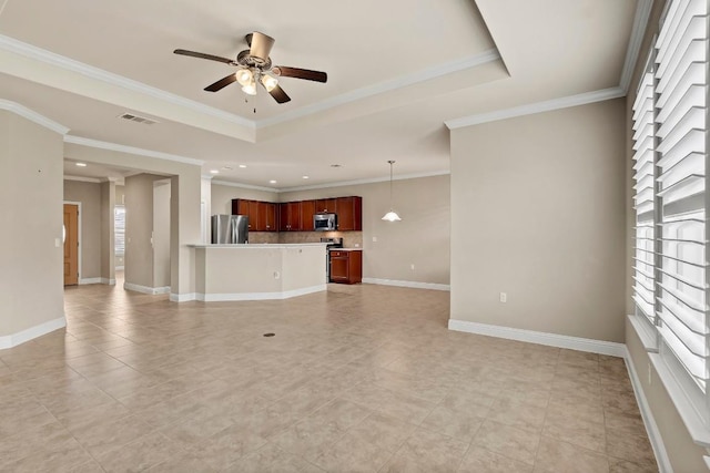 122 Coffee Mill Creek Rd, Georgetown, TX 78633 - unfurnished living room featuring a ceiling fan, a raised ceiling, light tile patterned flooring, baseboards, and crown molding