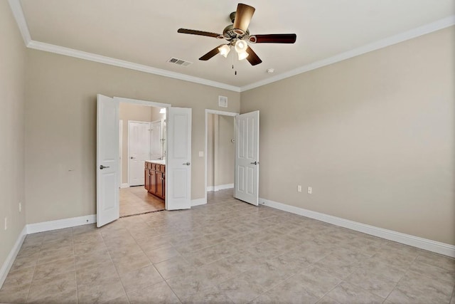 122 Coffee Mill Creek Rd, Georgetown, TX 78633 - unfurnished bedroom featuring ornamental molding, baseboards, a ceiling fan, light tile patterned floors, and connected bathroom