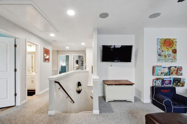 410 Easton Dr, San Marcos, TX 78666 - living room with carpet flooring, attic access, recessed lighting, and baseboards