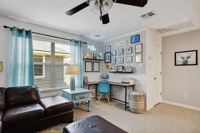 410 Easton Dr, San Marcos, TX 78666 - home office with a ceiling fan, carpet, and baseboards